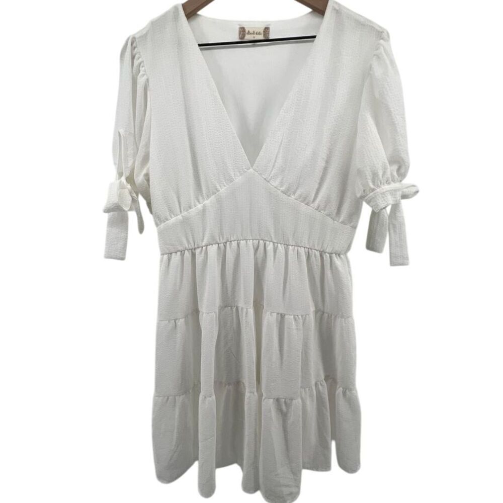 Altar'd State Women Large V-Neck Tiered Babydoll Puff Sleeve‎ Dress White Ivory